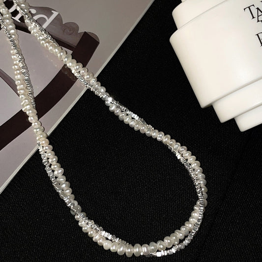 Broken silver baroque pearl sparkling necklace