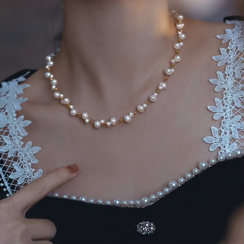 Small gold beads retro court style pearl necklace