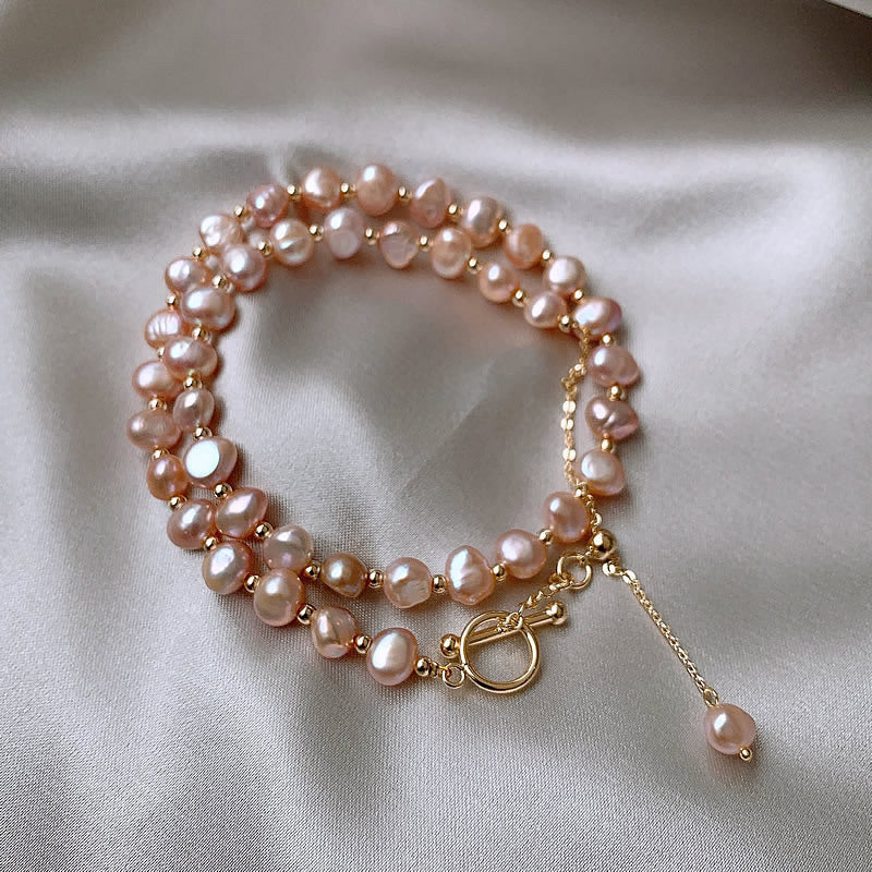 Baroque freshwater powder pearl OT buckle neck chain
