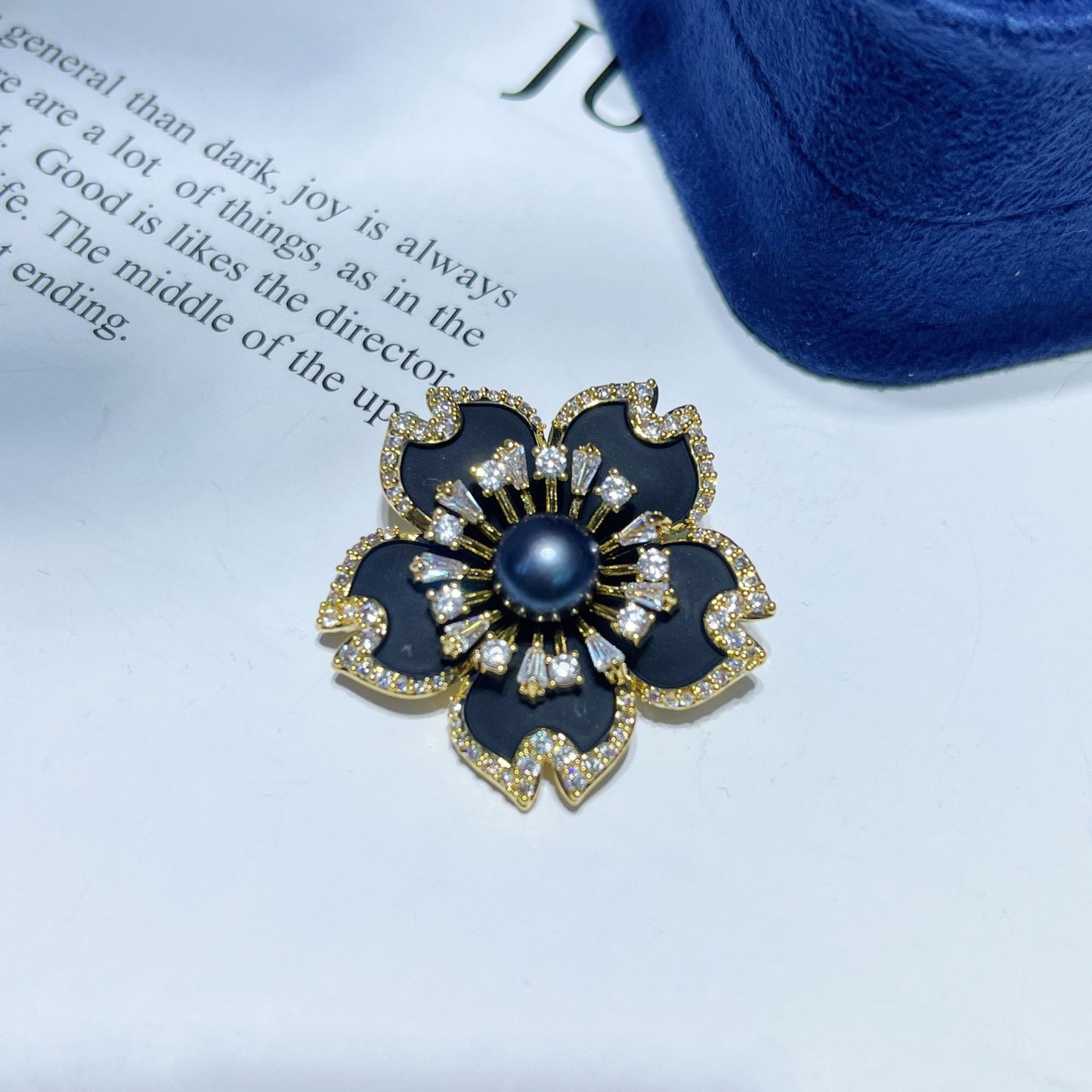 Enamel Black Tea Flower Natural Pearl Brooch