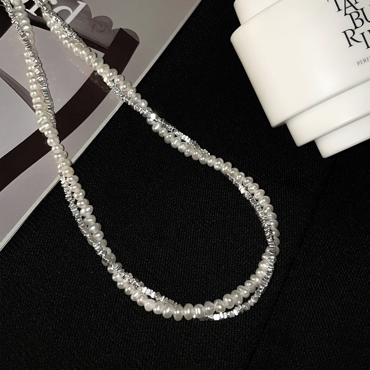 Sterling silver natural rice pearl double-layer winding broken silver simple fashion collarbone chain