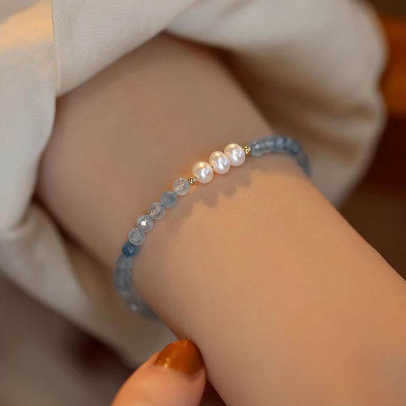 Natural Aquamarine Pearl Design Silver Bracelet
