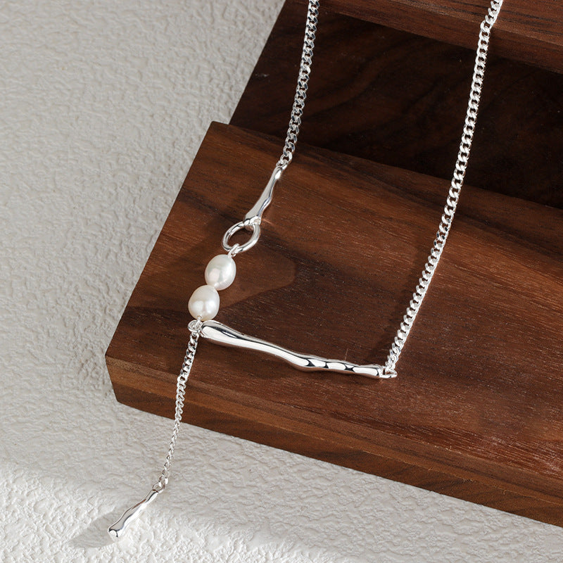 Sterling Silver One-Word Irregular Pearl Tassel Necklace