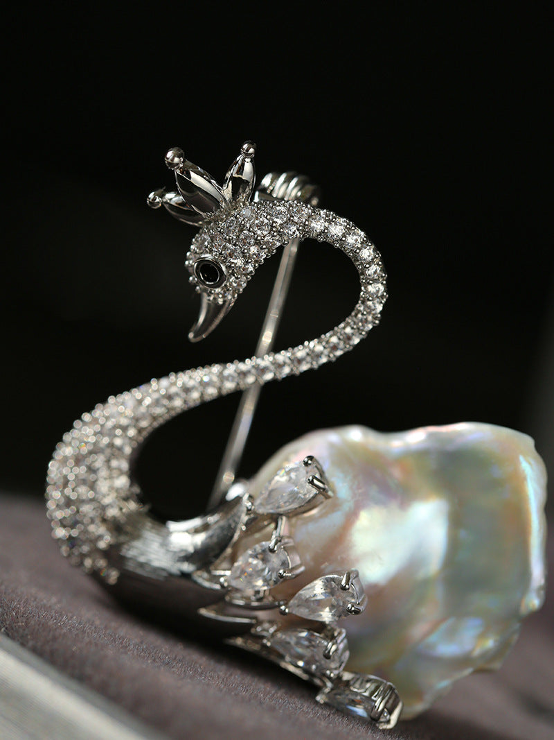 Natural Baroque Pearl Full Diamond Swan Design Brooch