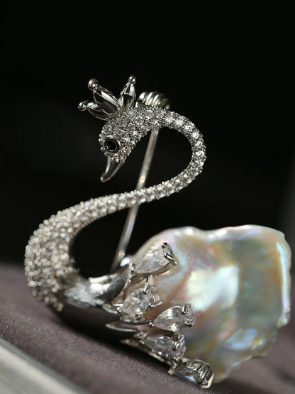 Natural Baroque Pearl Full Diamond Swan Design Brooch
