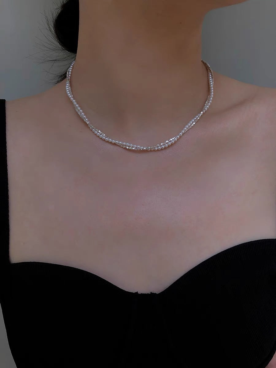 Sterling silver natural rice pearl double-layer winding broken silver simple fashion collarbone chain