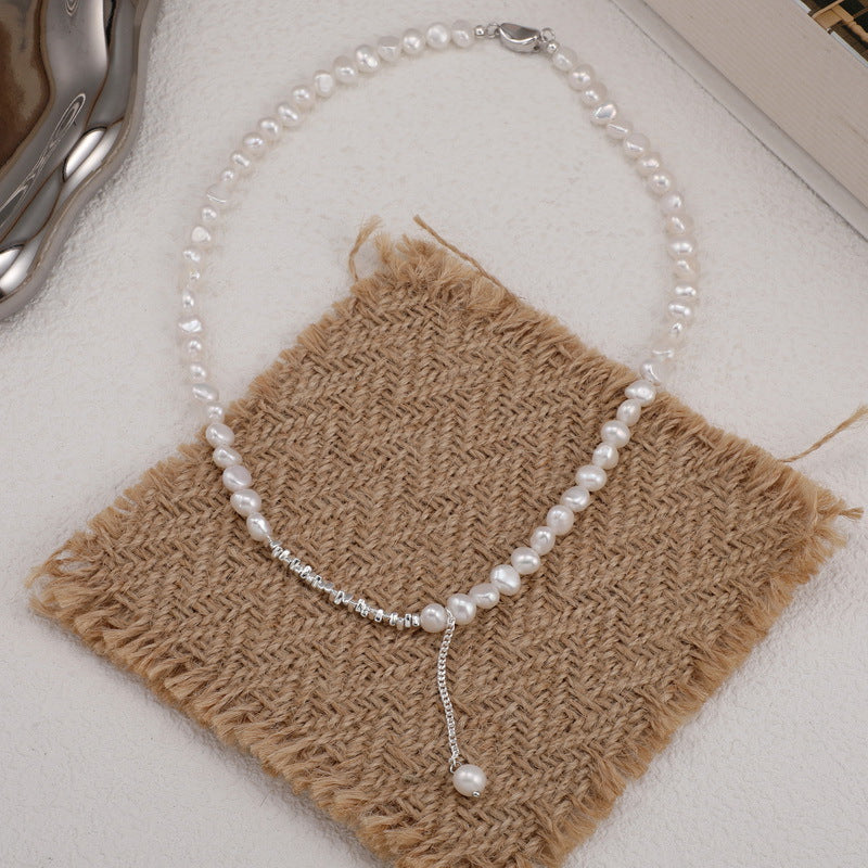 Natural Baroque Pearl Triangle Shredded Silver Necklace
