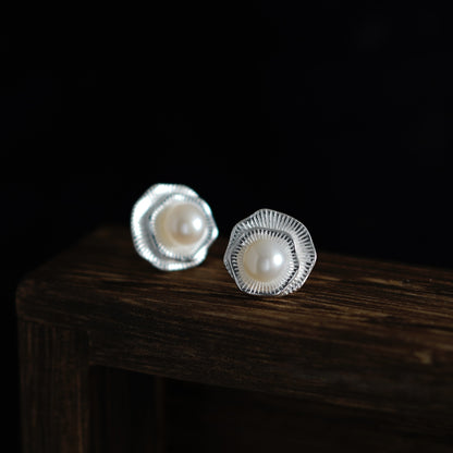 Double lotus design pearl stud earrings