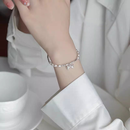 Bow Shredded Silver Natural Pearl Bracelet
