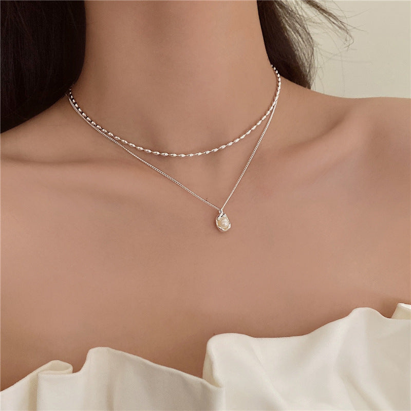 Stacked natural freshwater pearl pendant necklace
