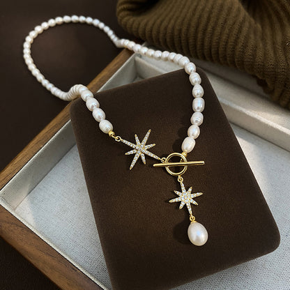 Natural pearl octagram OT buckle necklace