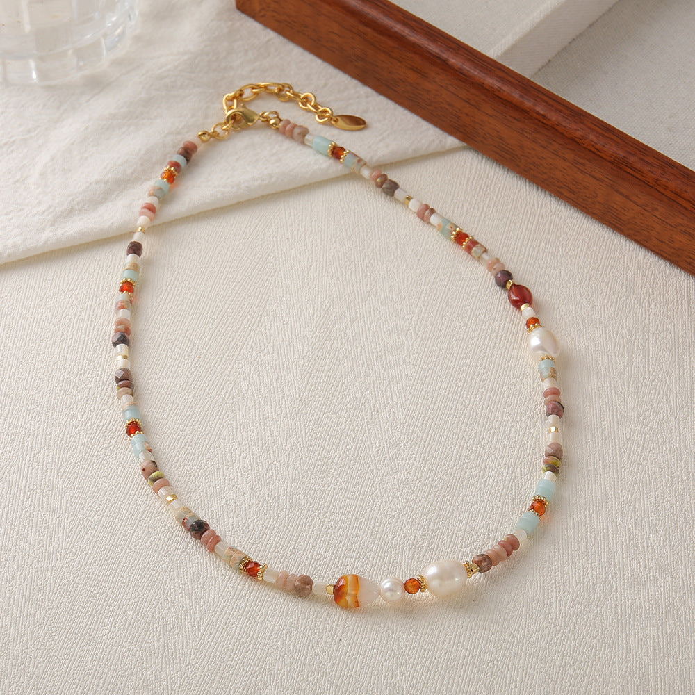 Natural Pearl Agate Retro Beaded Necklace