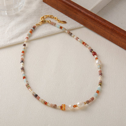 Natural Pearl Agate Retro Beaded Necklace