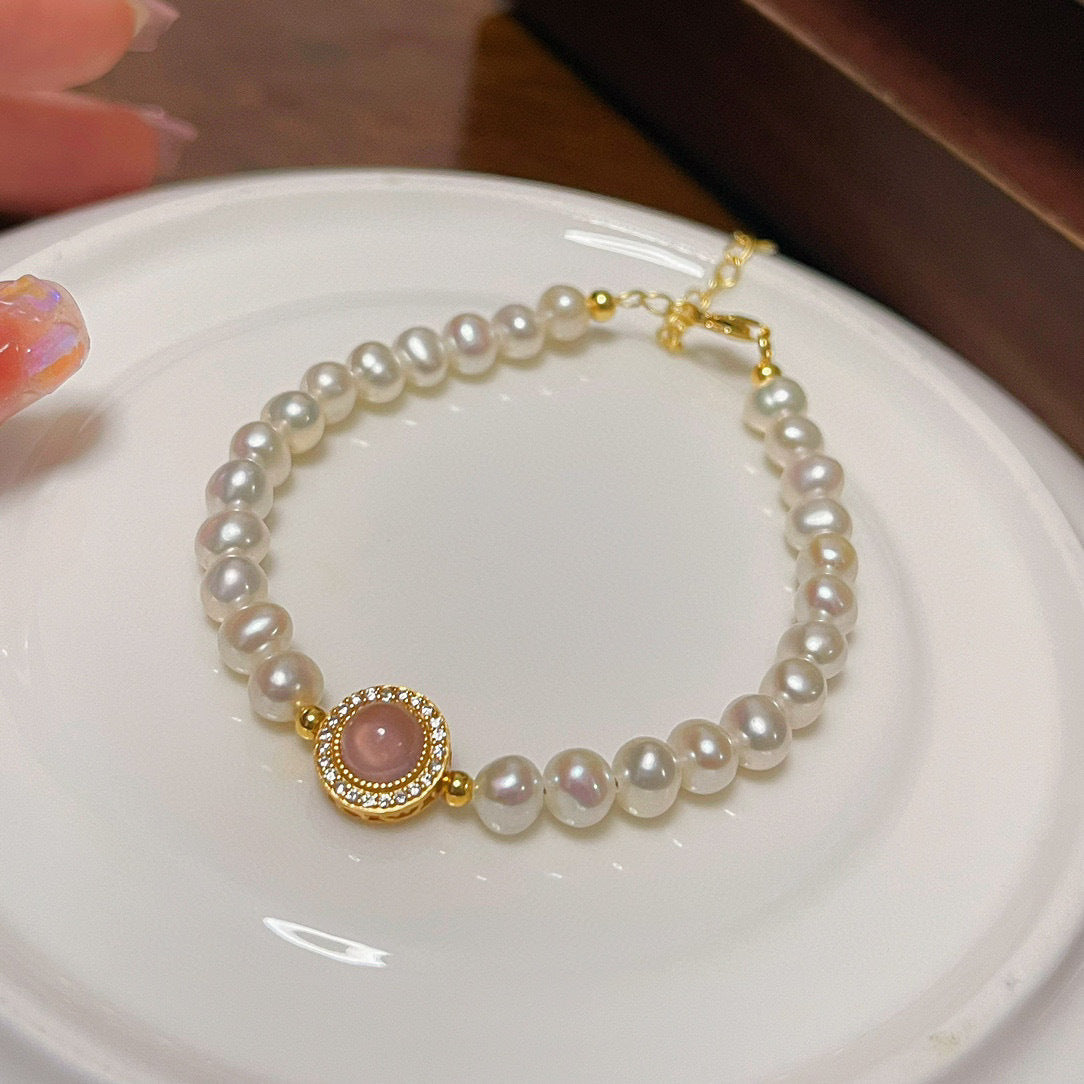 Natural Pearl Chalcedony Design Silver Bracelet