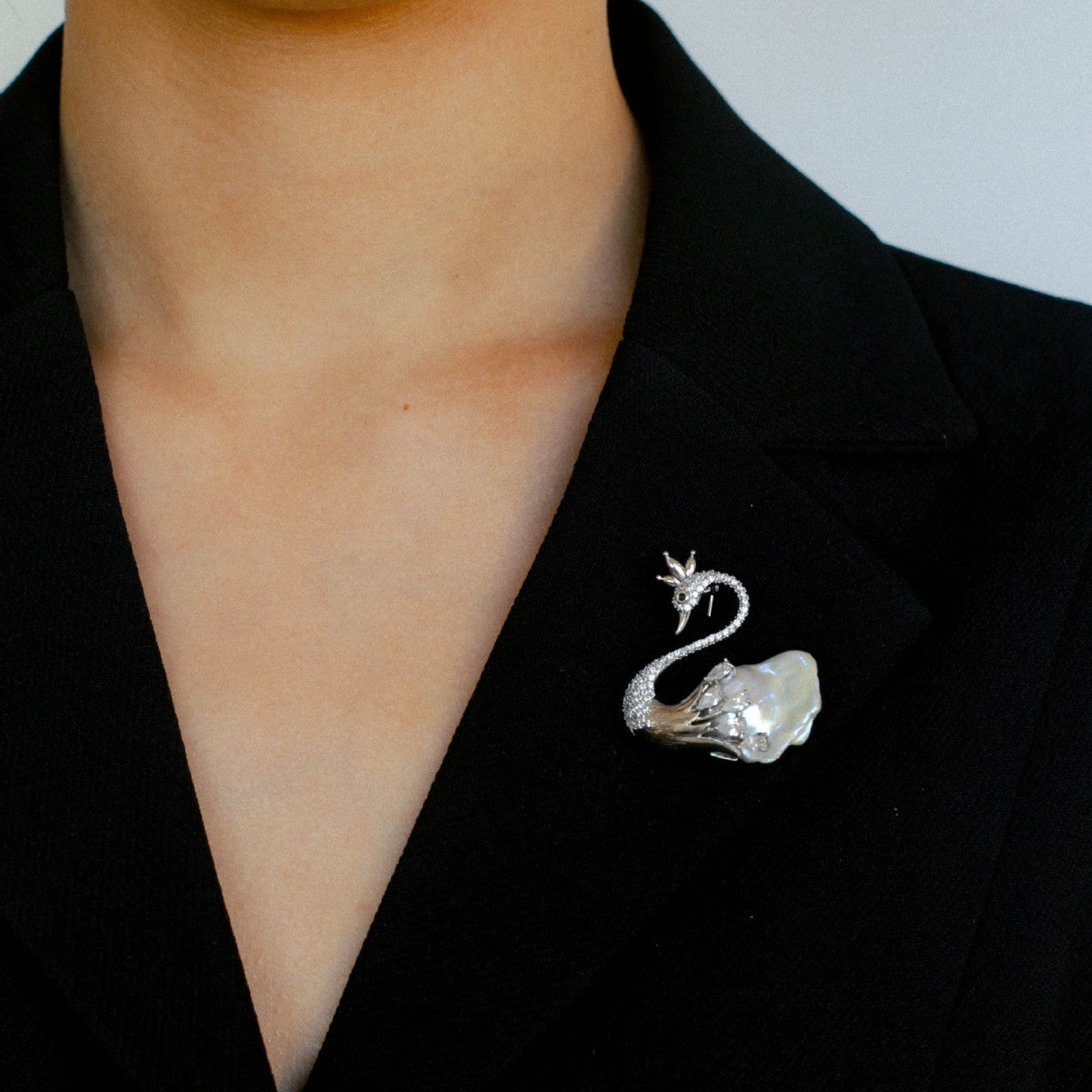 Natural Baroque Pearl Full Diamond Swan Design Brooch