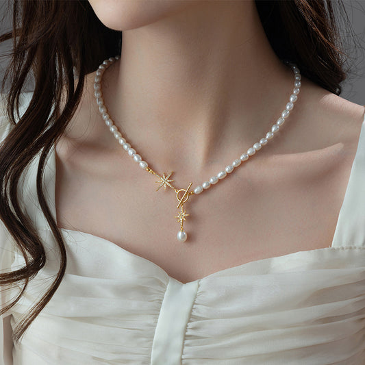 Natural pearl octagram OT buckle necklace