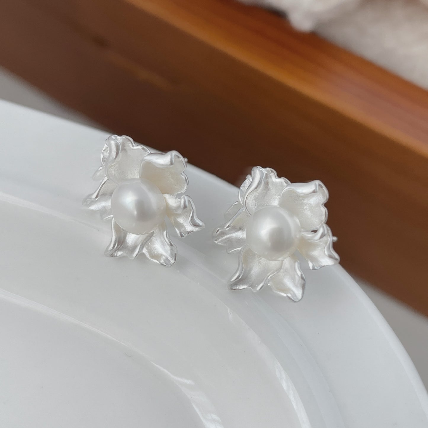 French Jasmine Design Pearl Stud Earrings