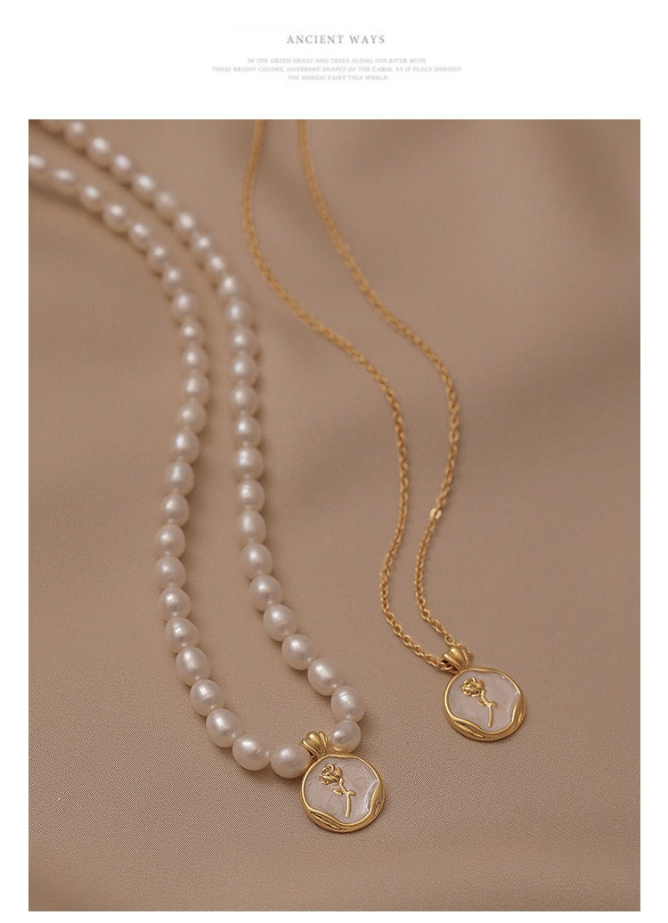 French Rose Vintage Sterling Silver Natural Pearl Necklace