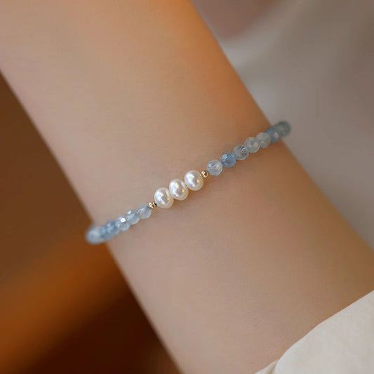 Natural Aquamarine Pearl Design Silver Bracelet