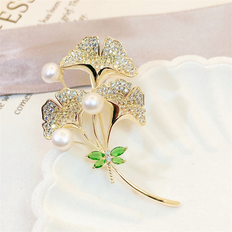Natural Pearl Ginkgo Biloba Design Brooch