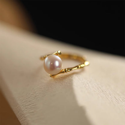 Bamboo Geometric Design Pearl Ring