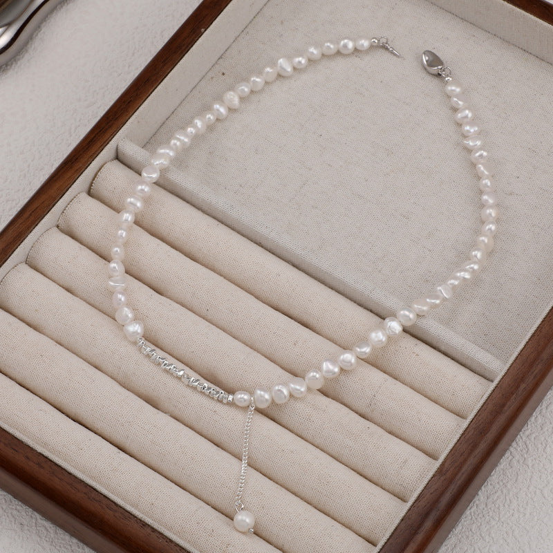 Natural Baroque Pearl Triangle Shredded Silver Necklace