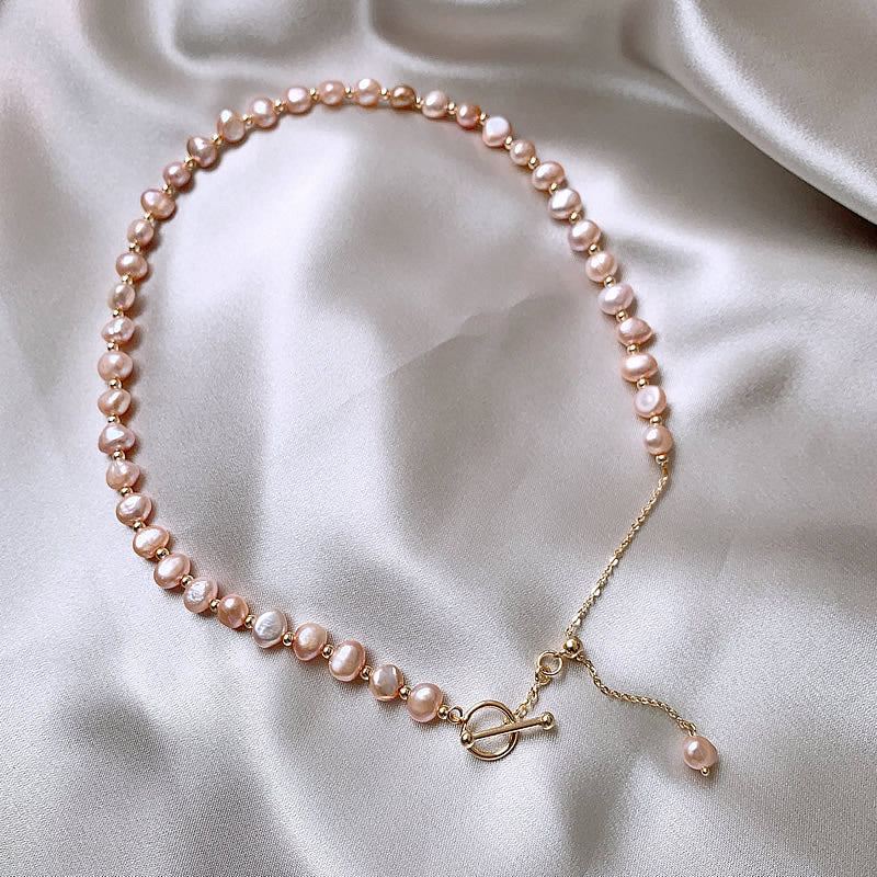 Baroque freshwater powder pearl OT buckle neck chain
