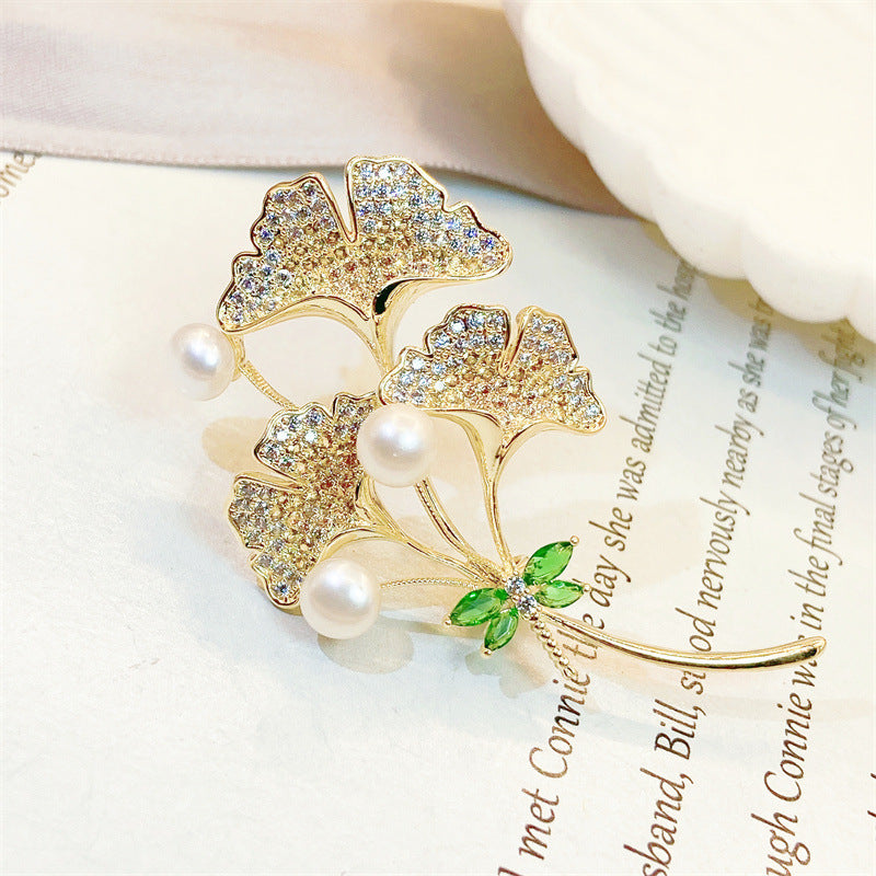 Natural Pearl Ginkgo Biloba Design Brooch