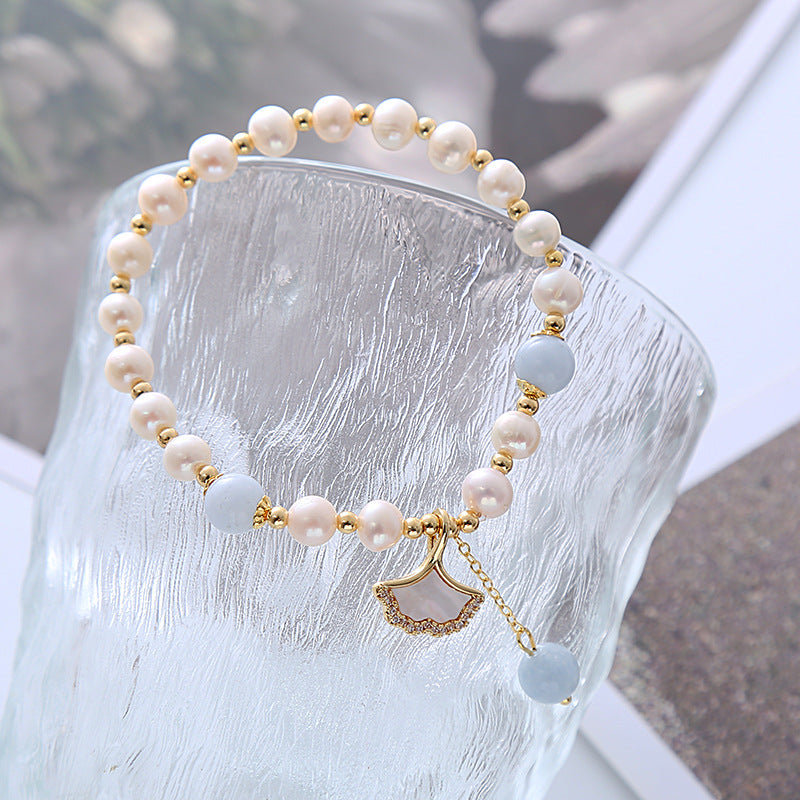 Pearl Aquamarine Crystal Apricot Leaf Design Bracelet