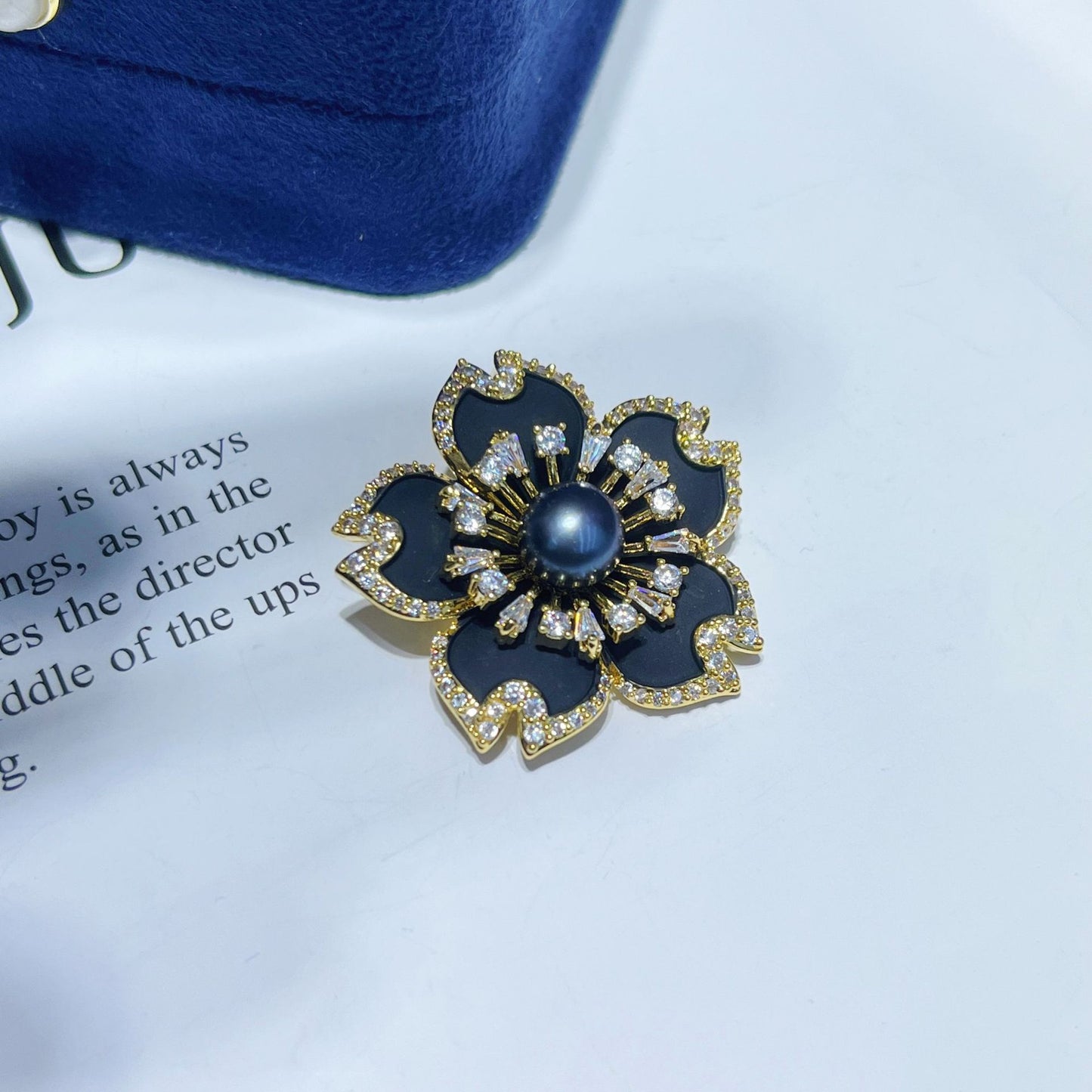 Enamel Black Tea Flower Natural Pearl Brooch