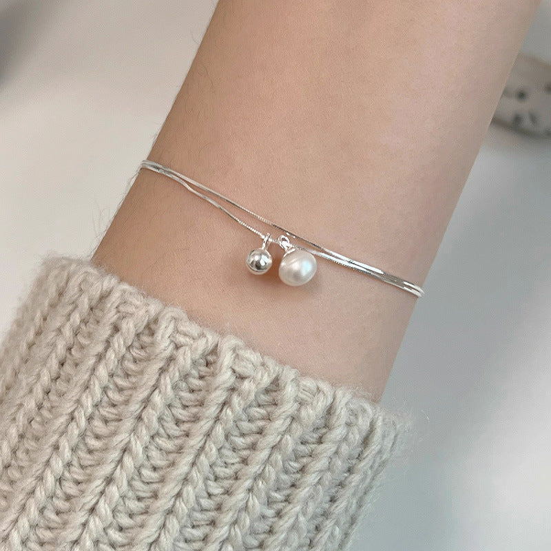Natural Pearl Ball Double Layer Minimalist Design Silver Bracelet