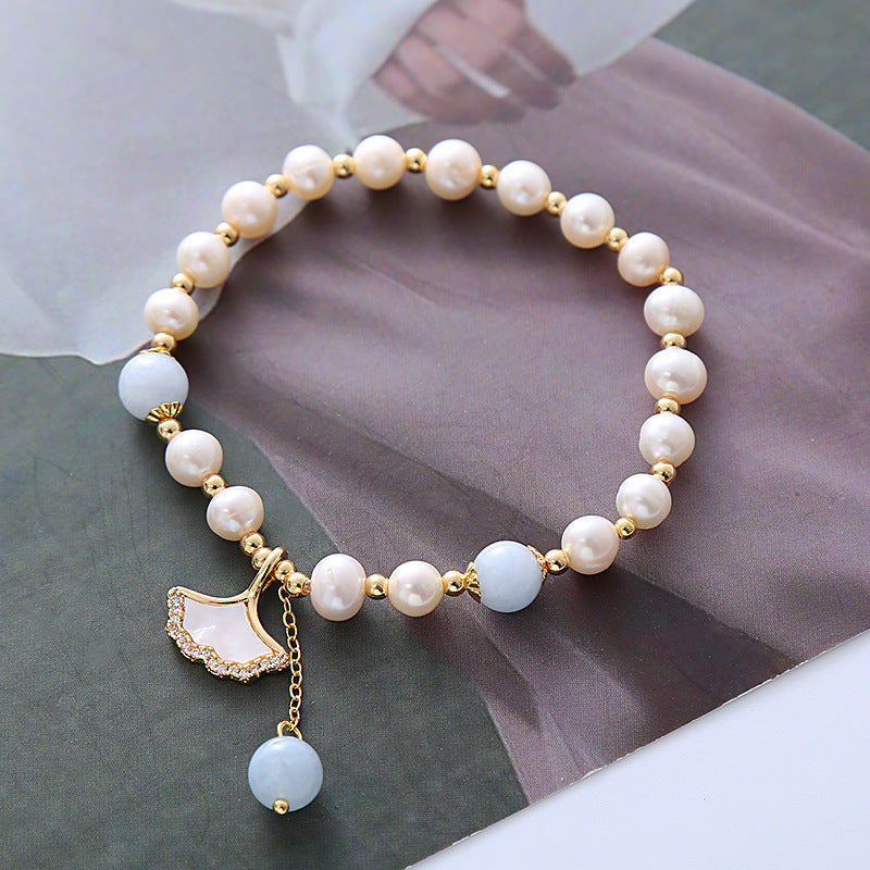 Pearl Aquamarine Crystal Apricot Leaf Design Bracelet