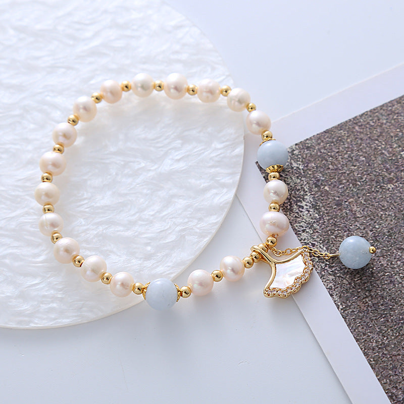 Pearl Aquamarine Crystal Apricot Leaf Design Bracelet