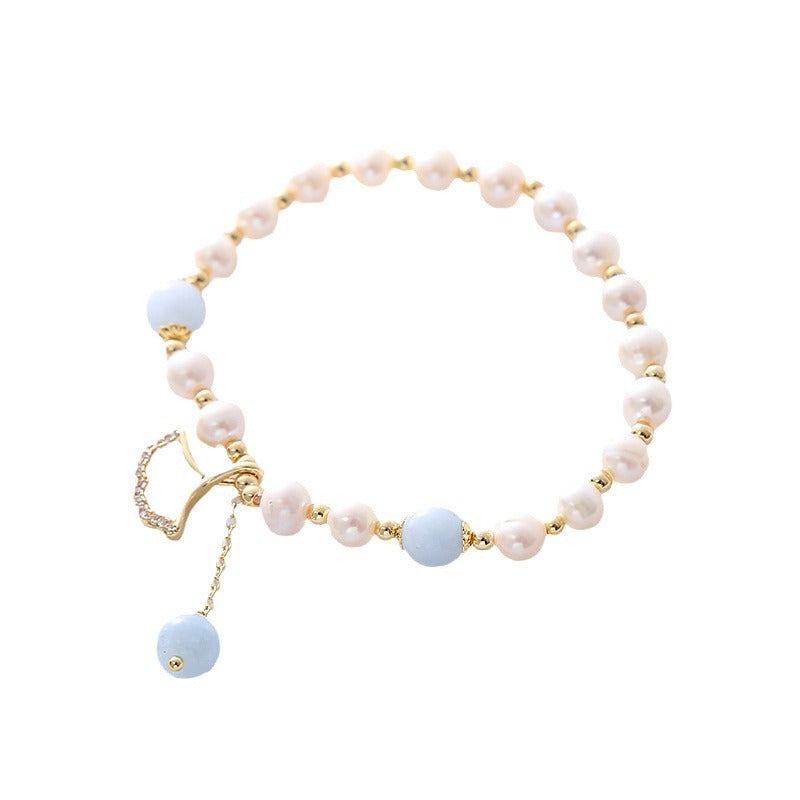 Pearl Aquamarine Crystal Apricot Leaf Design Bracelet
