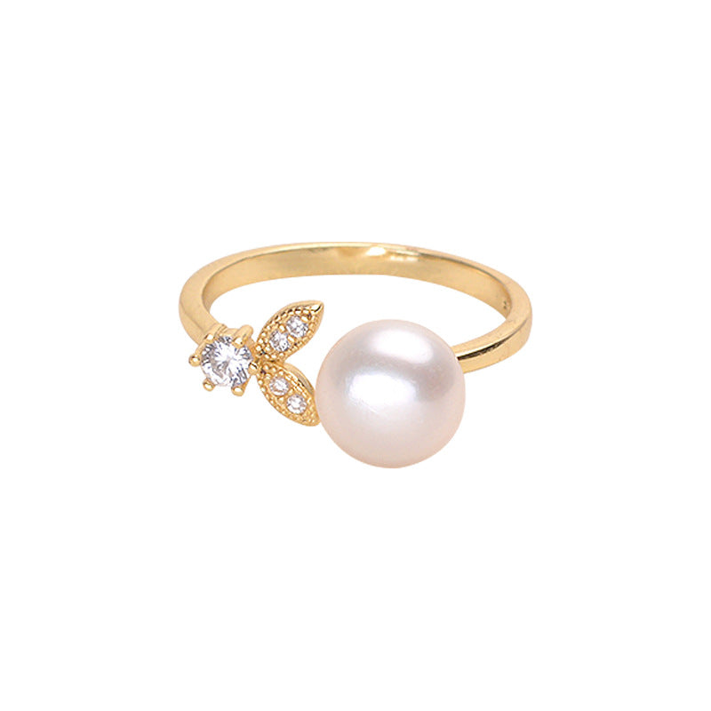 Leaf inlaid design pearl ring