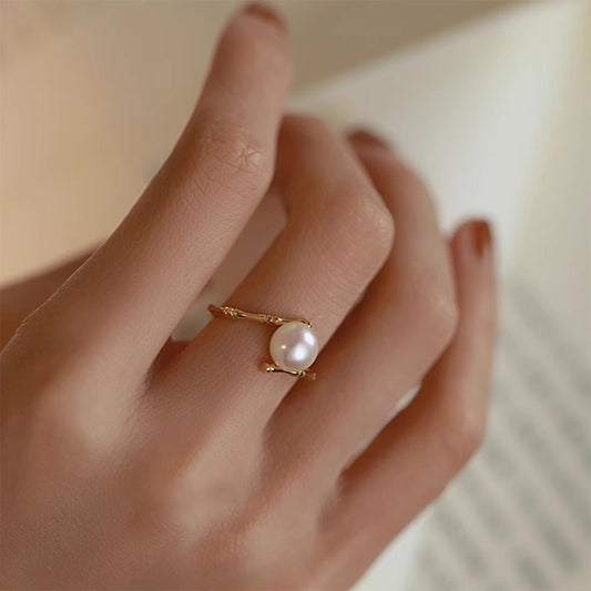 Bamboo Geometric Design Pearl Ring