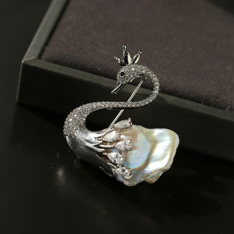 Natural Baroque Pearl Full Diamond Swan Design Brooch