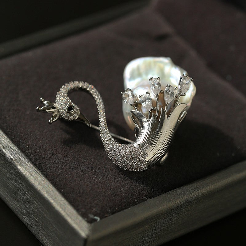 Natural Baroque Pearl Full Diamond Swan Design Brooch