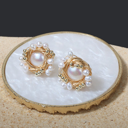 Vintage handmade round bird's nest pearl stud earrings