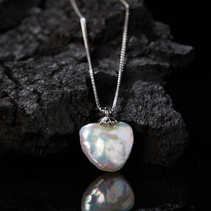 925 Sterling Silver Natural Freshwater Pearl Peach Heart Love Pendant Necklace