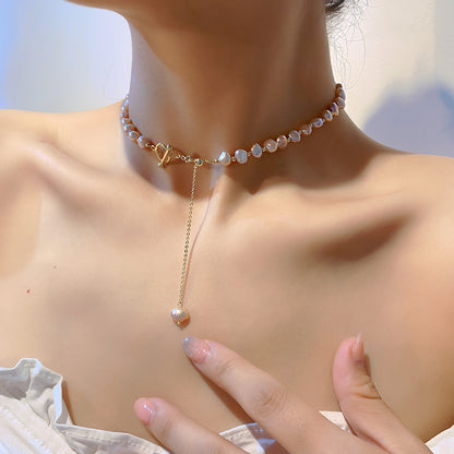 Baroque freshwater powder pearl OT buckle neck chain