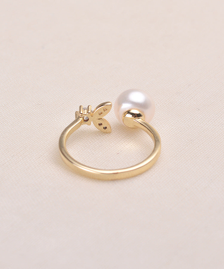 Leaf inlaid design pearl ring