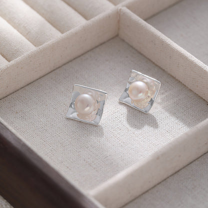 Square design pearl stud earrings