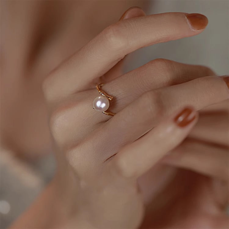 Bamboo Geometric Design Pearl Ring