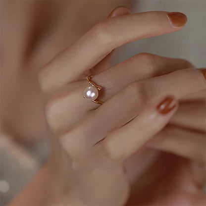Bamboo Geometric Design Pearl Ring
