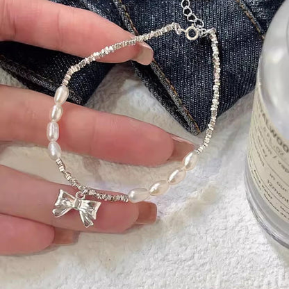 Bow Shredded Silver Natural Pearl Bracelet