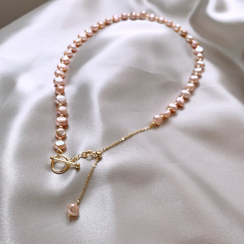 Baroque freshwater powder pearl OT buckle neck chain