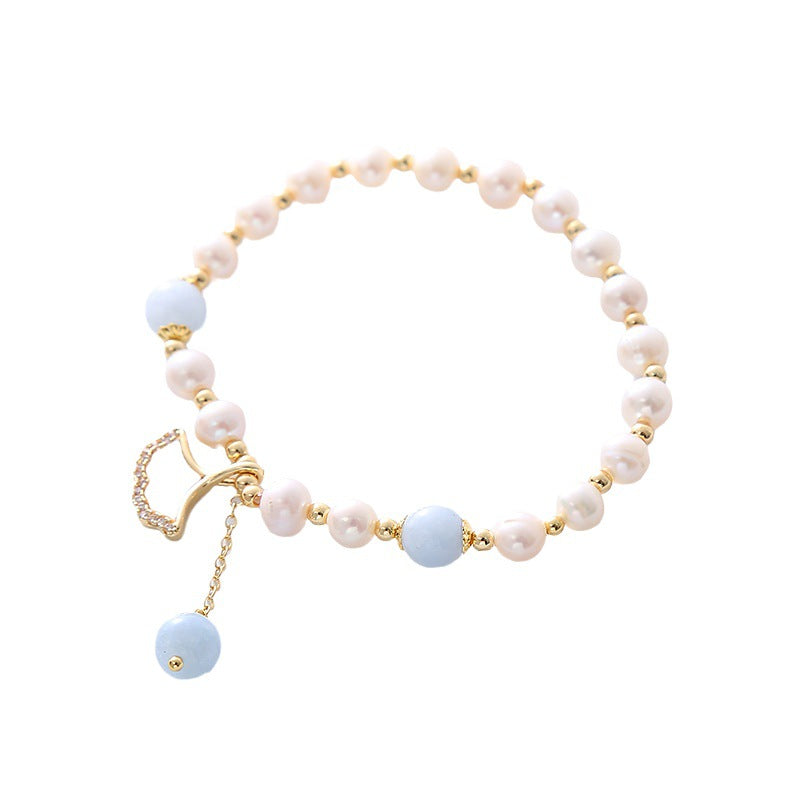 Pearl Aquamarine Crystal Apricot Leaf Design Bracelet