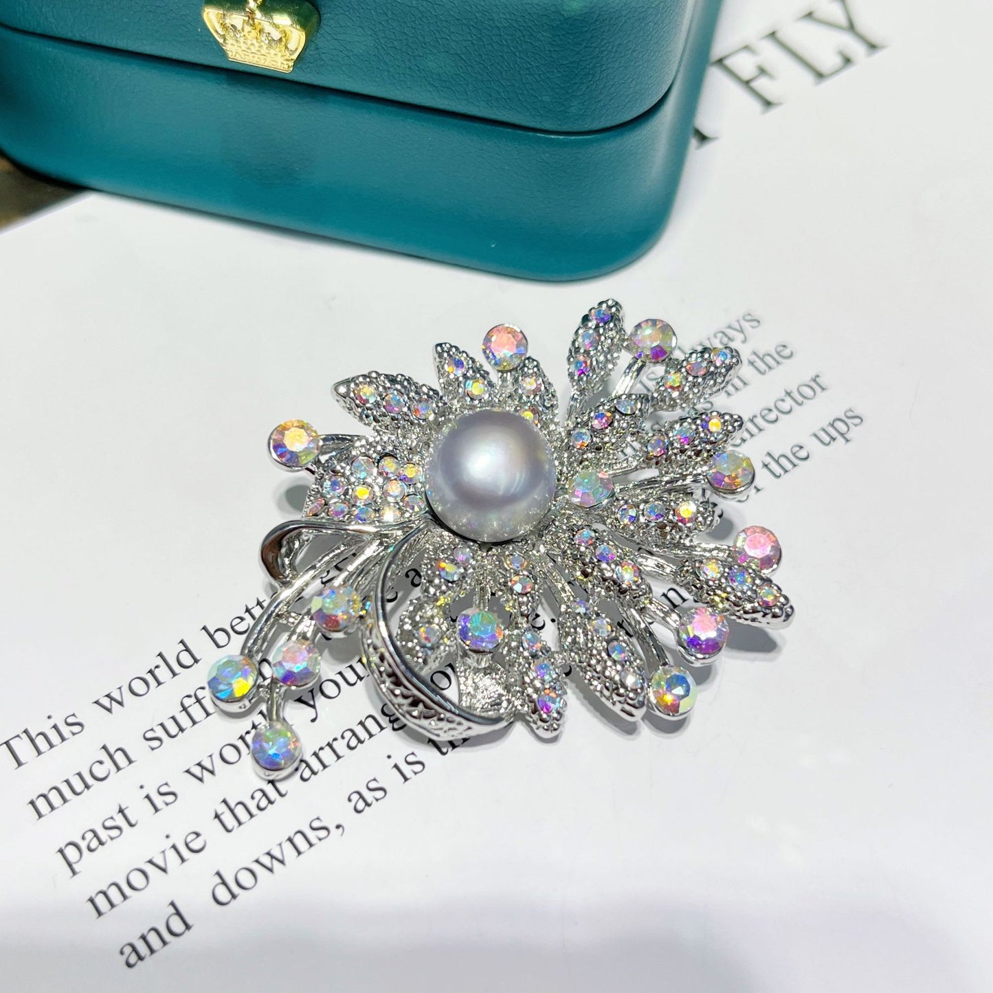 Natural freshwater pearl multicolored iris design brooch
