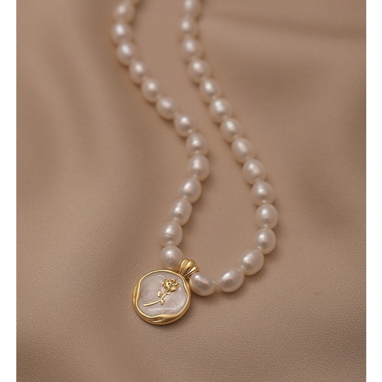 French Rose Vintage Sterling Silver Natural Pearl Necklace